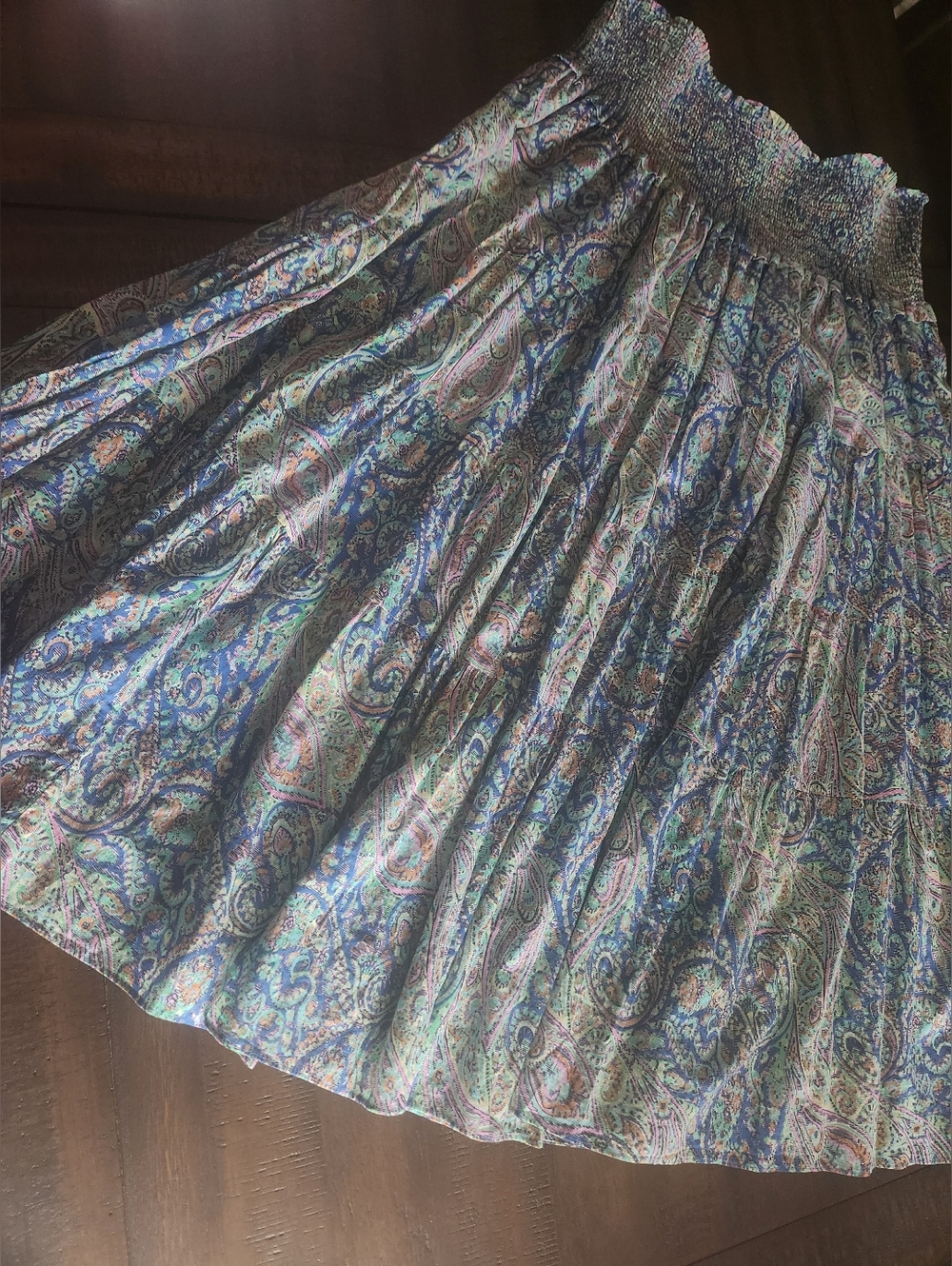 Ralph‎ Lauren Smocked Waist Paisley Maxi Skirt in Blue and Green LG